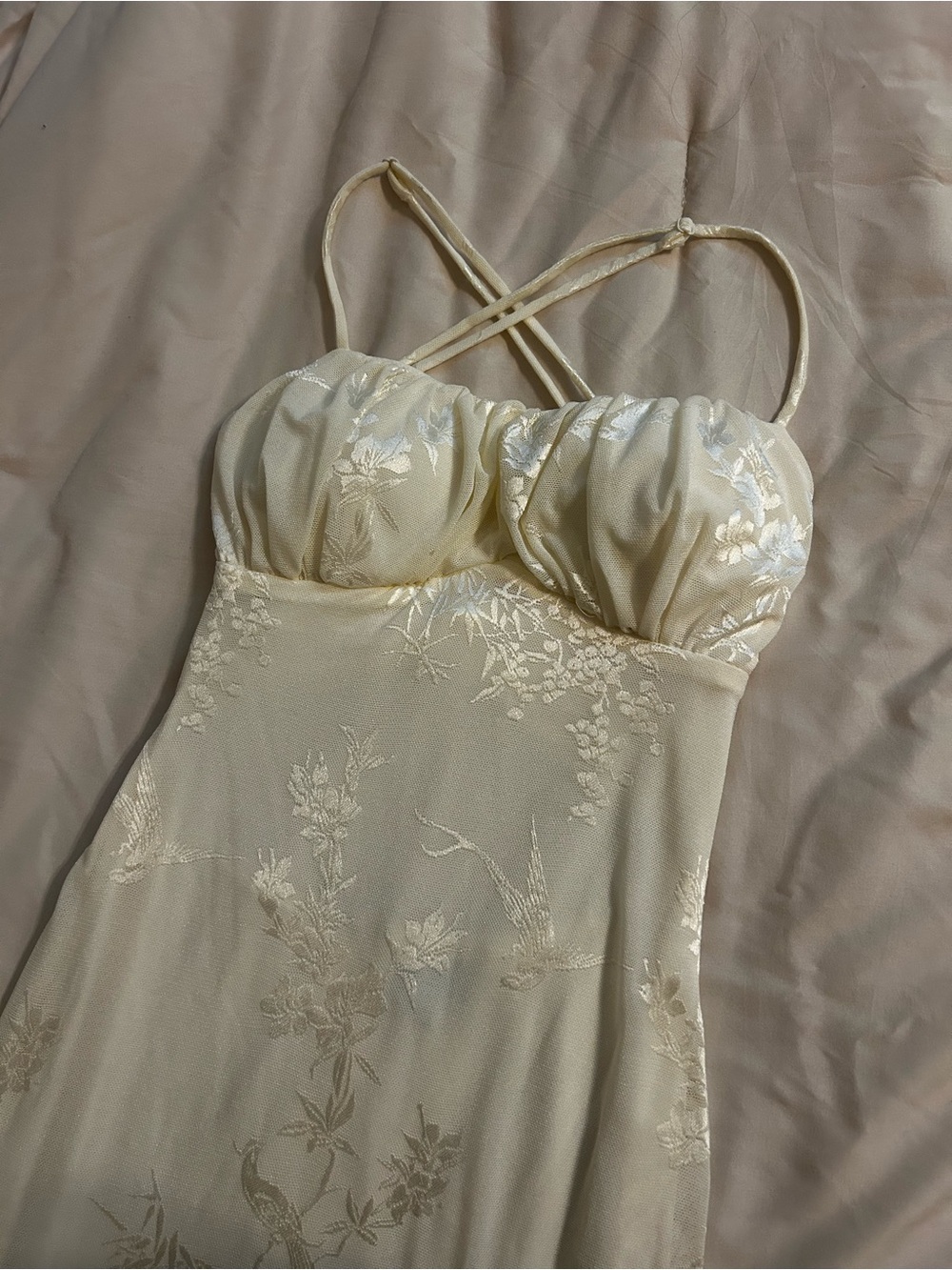 Windsor Ivory Floral Satin Maxi Slip Dress with Adjustable Cross Straps